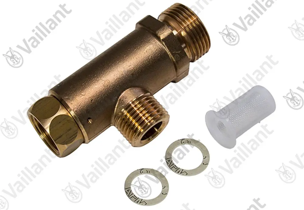 Vaillant T-Stück aus Metall mit zwei Gewindeanschlüssen und einem seitlichen Anschluss. Zusätzlich enthält das Bild zwei Dichtscheiben und einen Filter.